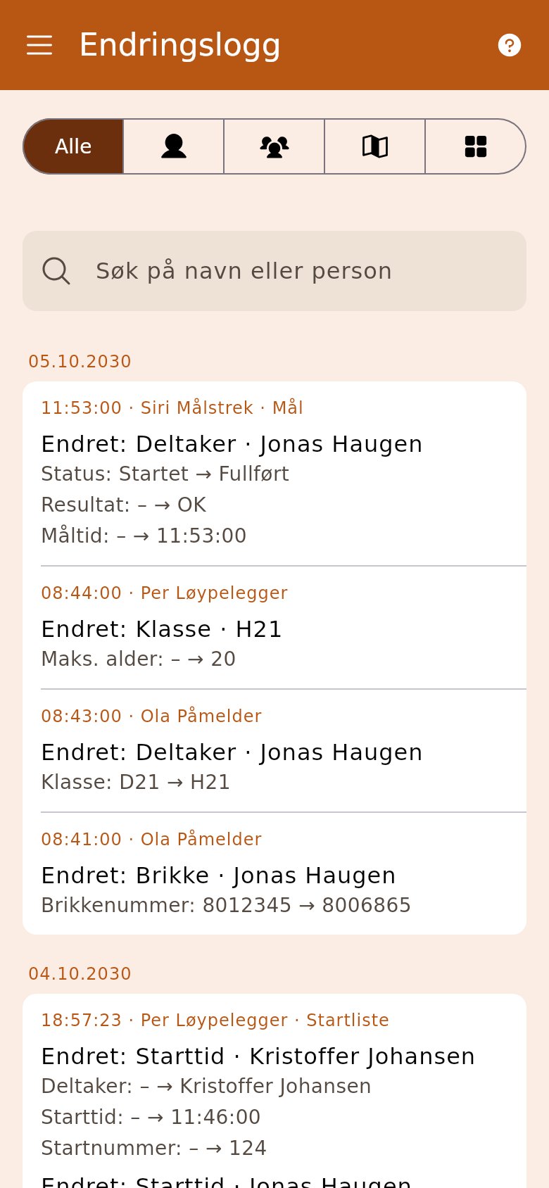 Endringsloggen for et arrangement