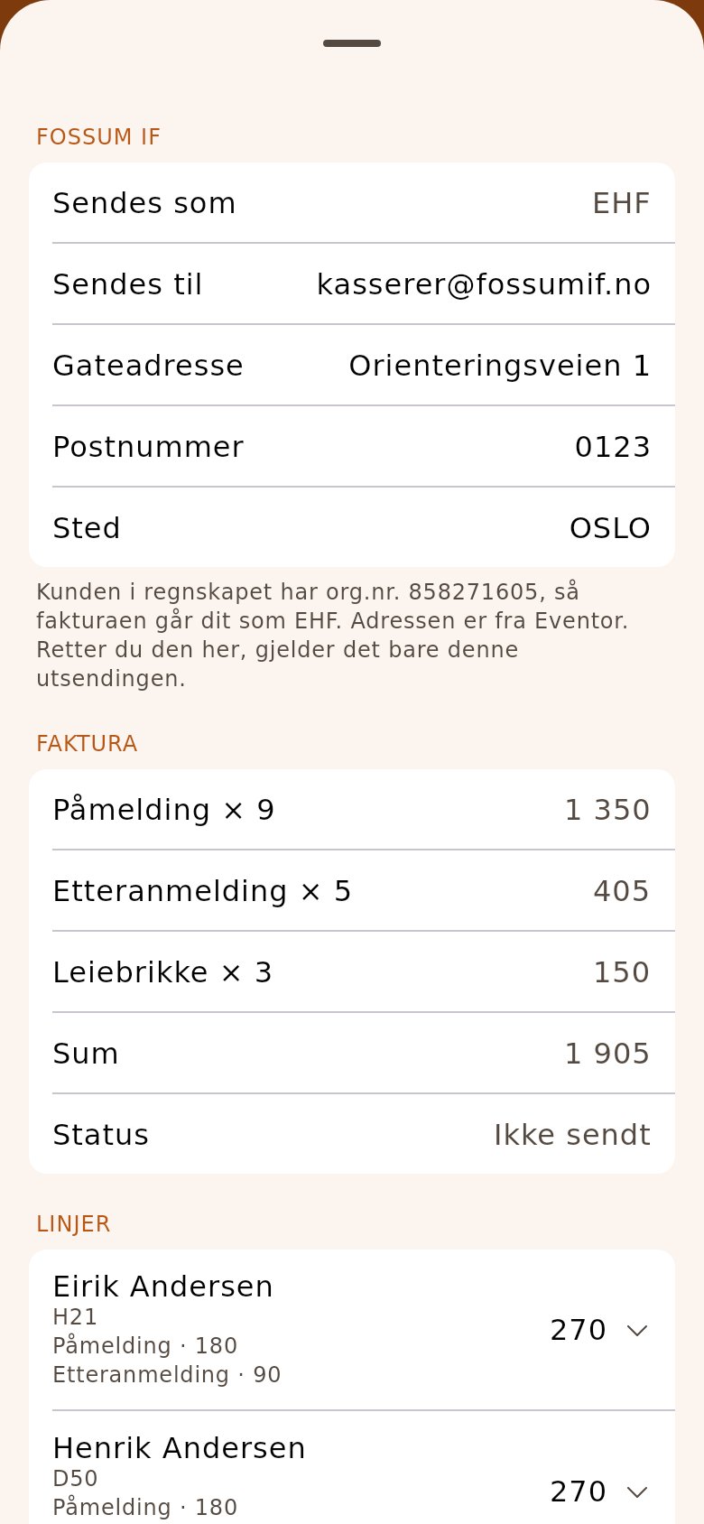 Spesifikasjonen for én klubb: sendes som e-post, summen per avgift og tjeneste, og én rad per løper