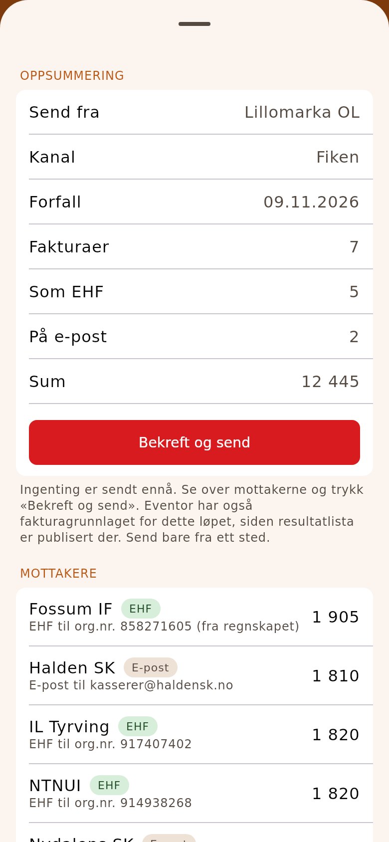Oppsummeringen med avsender, kanal, forfall, EHF og e-post, sum og mottakerne