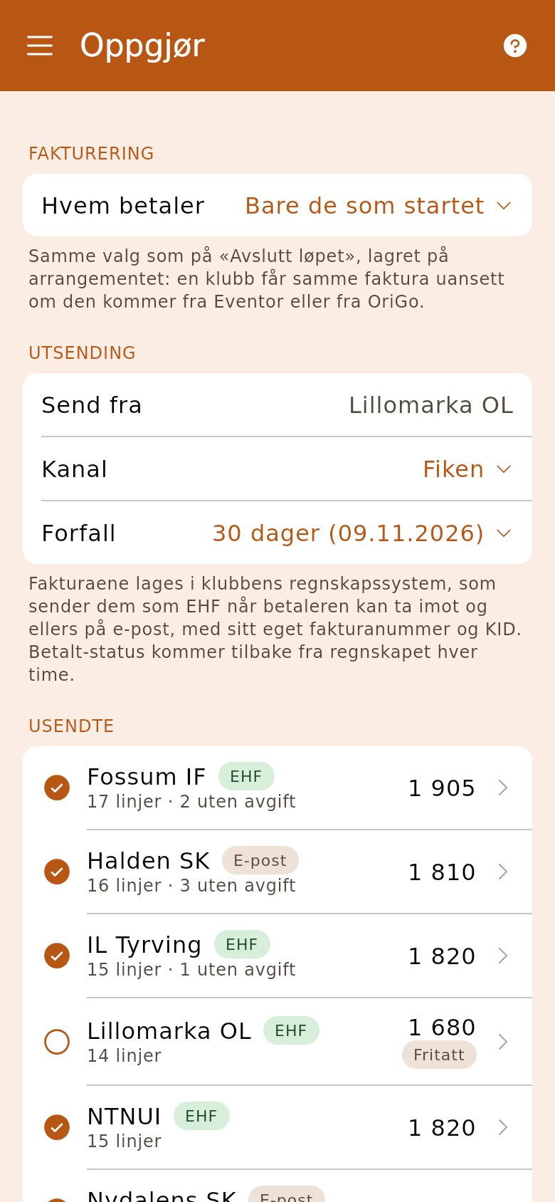 «Oppgjør» med «Utsending» øverst og «Usendte» per klubb, merket EHF eller e-post, og arrangørklubben «Fritatt»