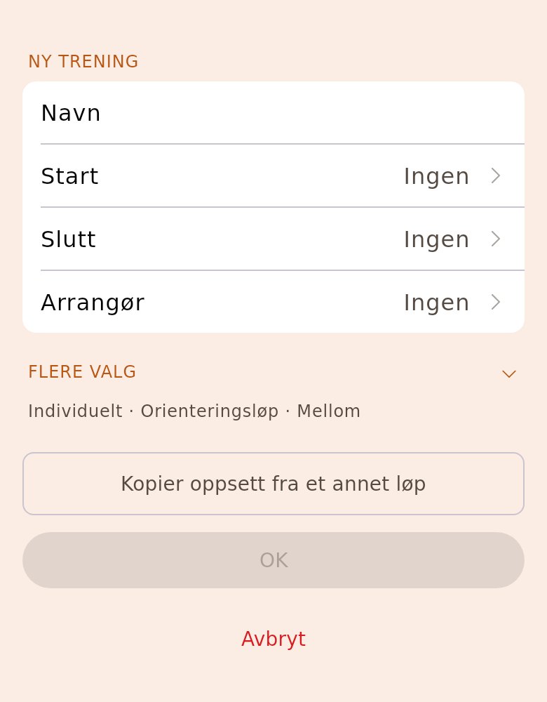 Skjemaet for en ny trening