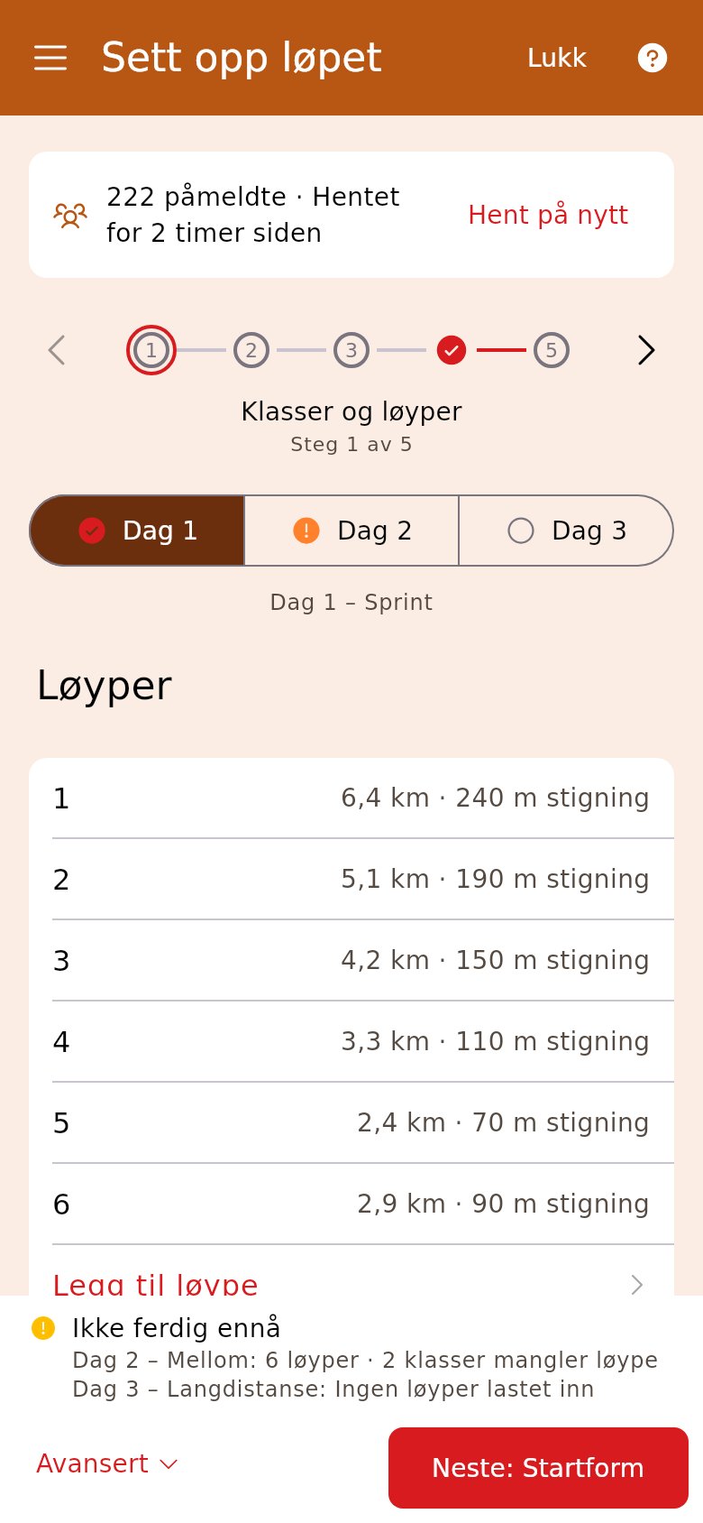 Klasser og løyper på et flerdagersløp