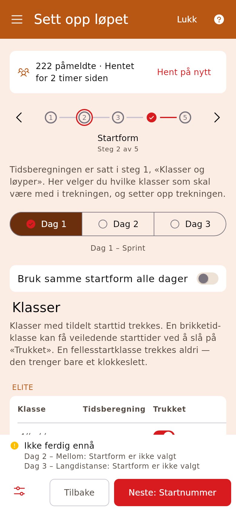 Startform på et flerdagersløp