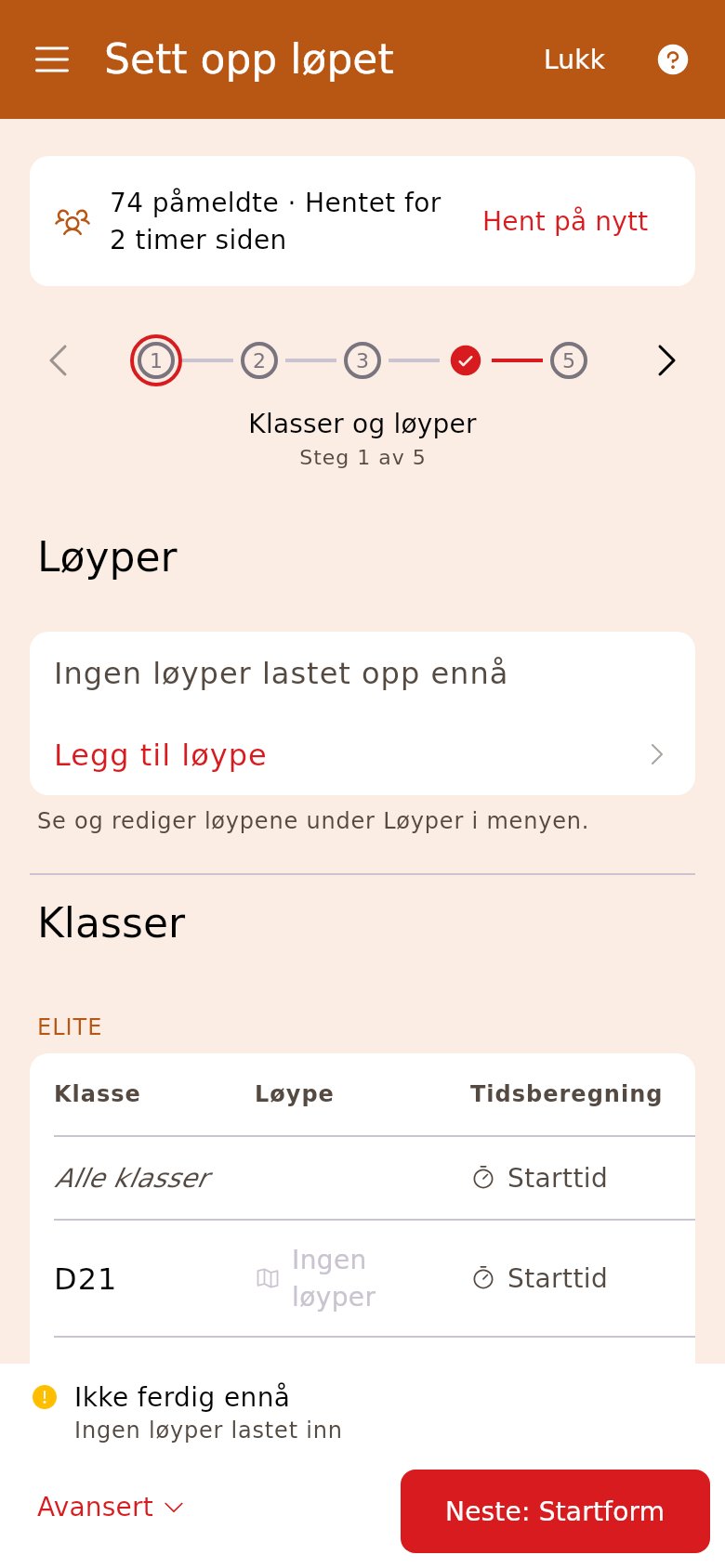 Første steg i veiviseren, før løypene er lagt inn