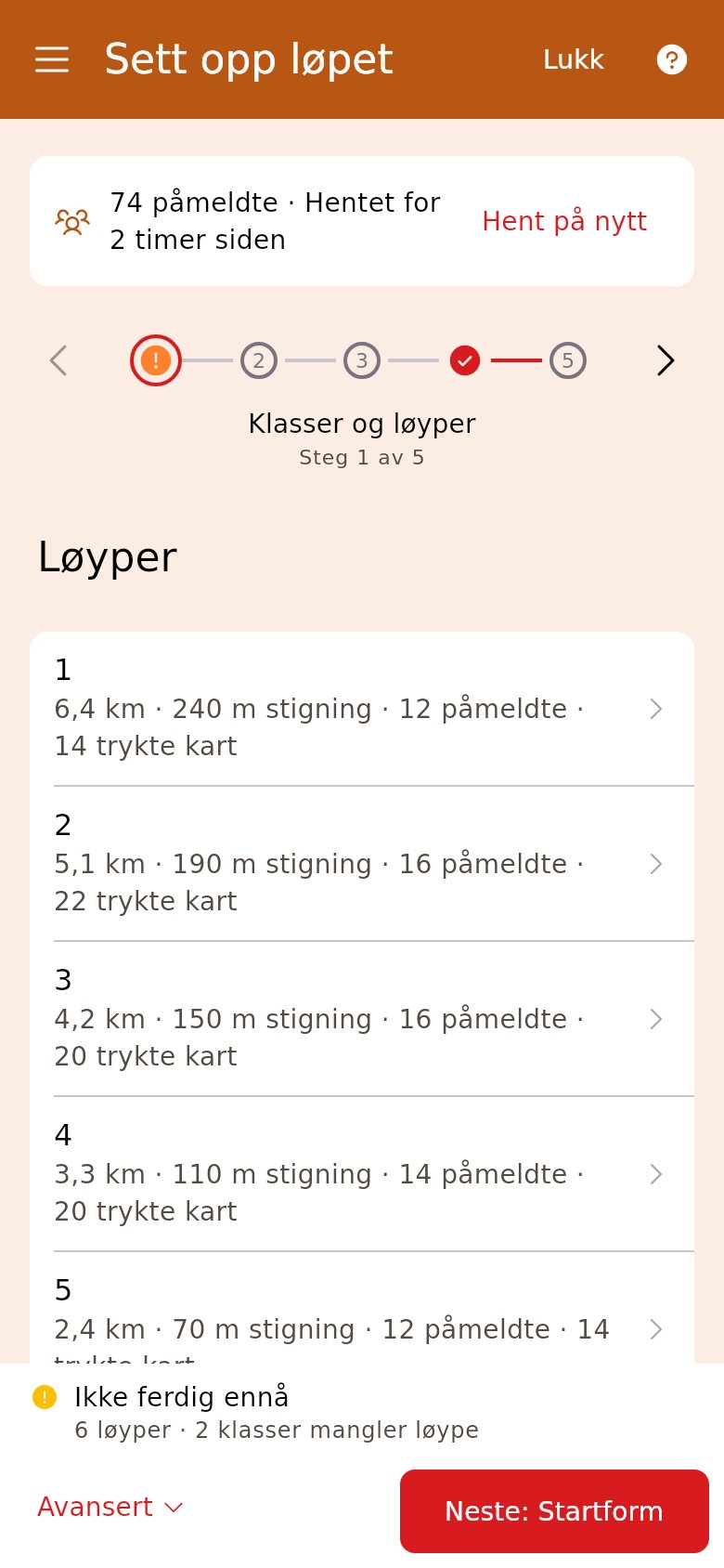 Klasser og løyper med løypene lastet opp
