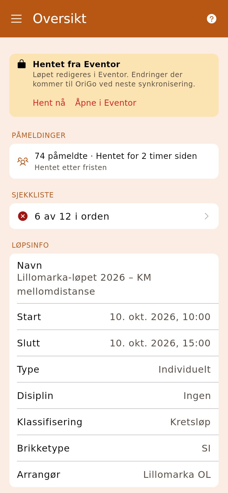 Oversikt for et løp under oppsett