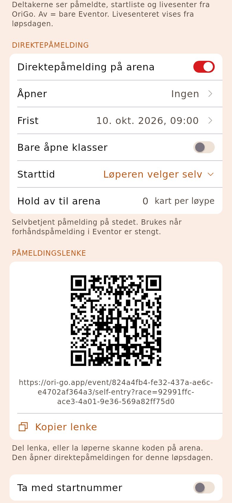 Påmeldingslenka med QR-kode under direktepåmeldingen