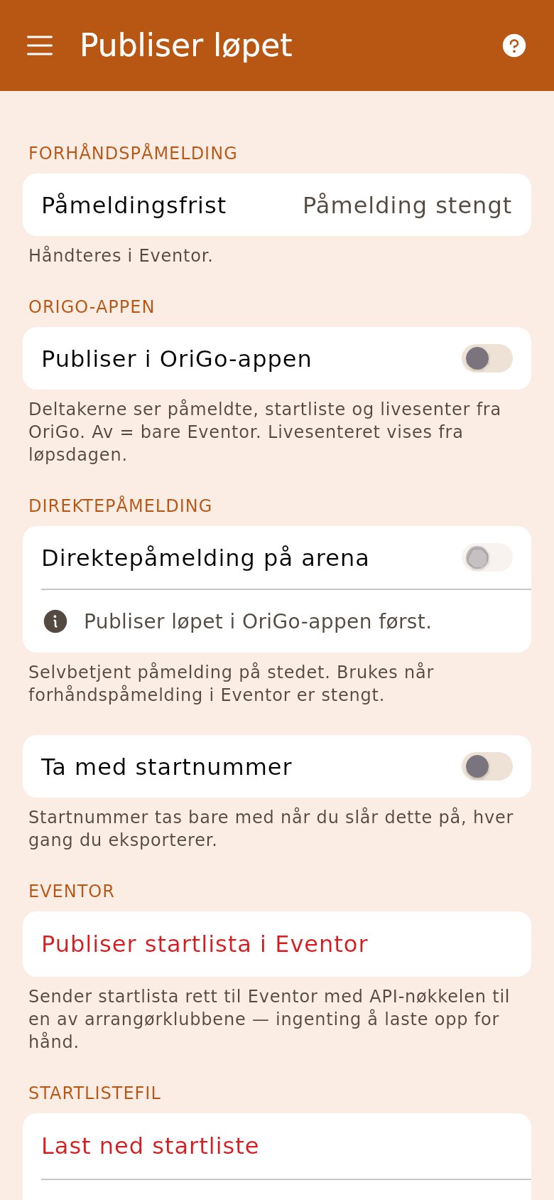 Modulen Publiser løpet