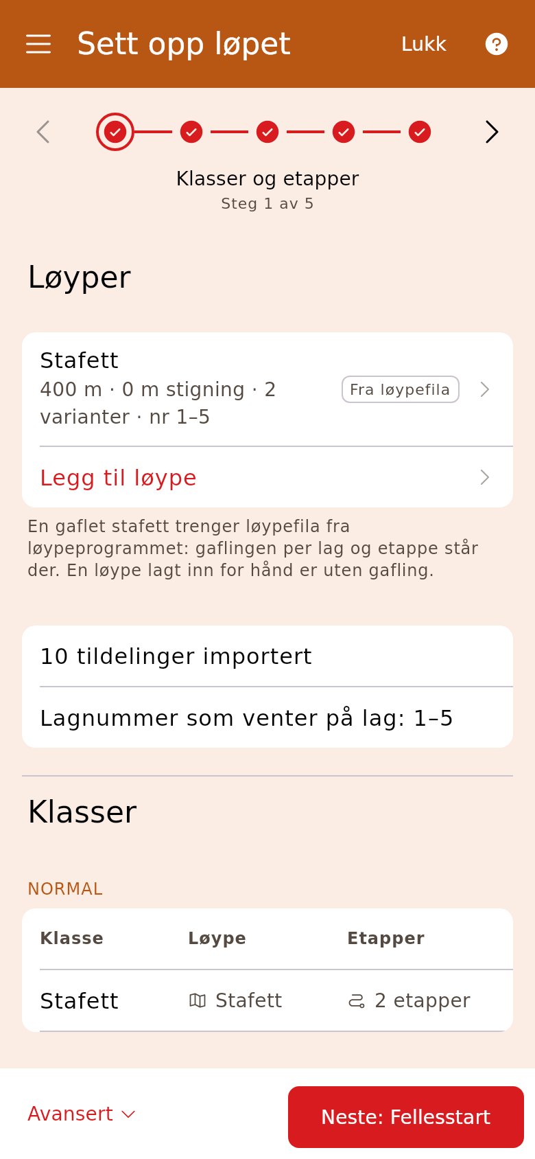 Klasser og etapper på en stafett