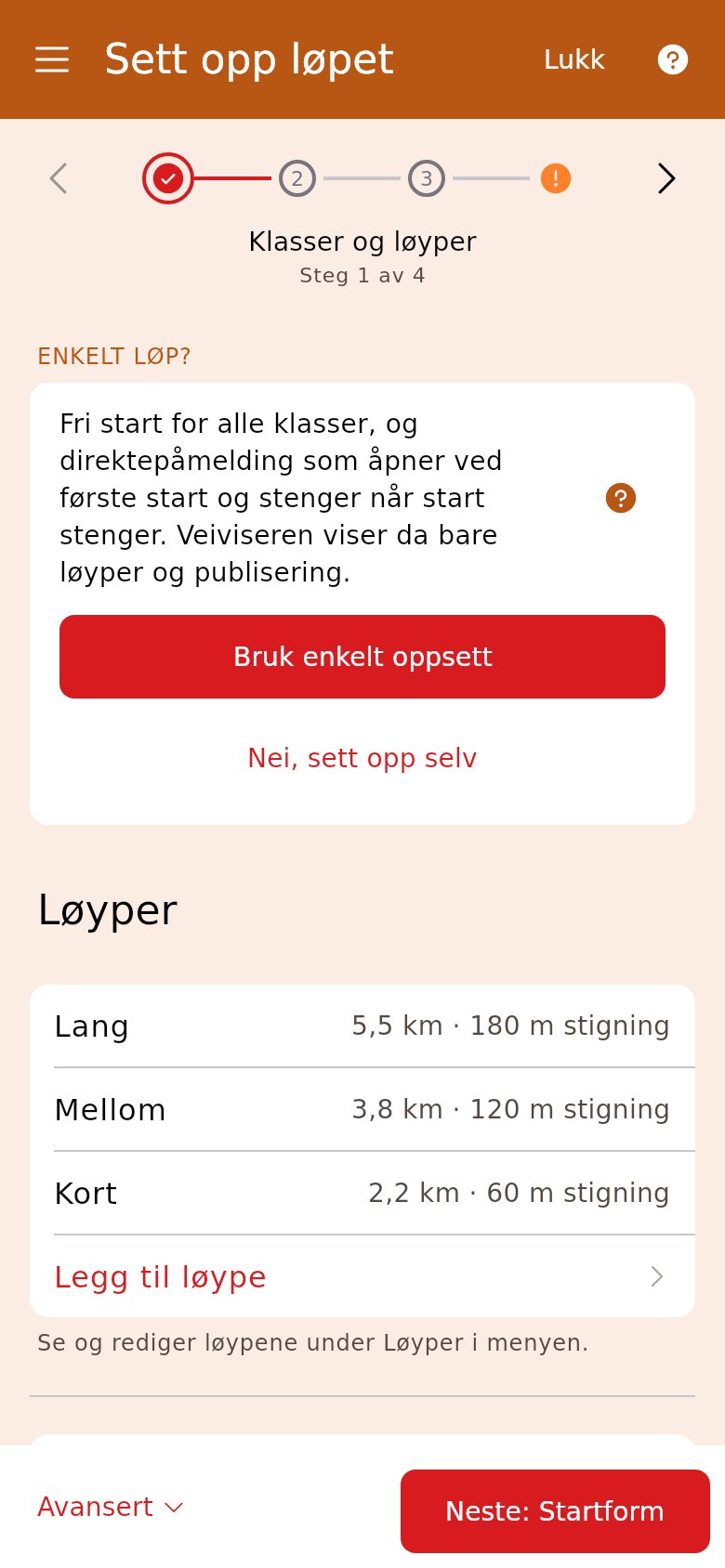 Klasser og løyper på en trening