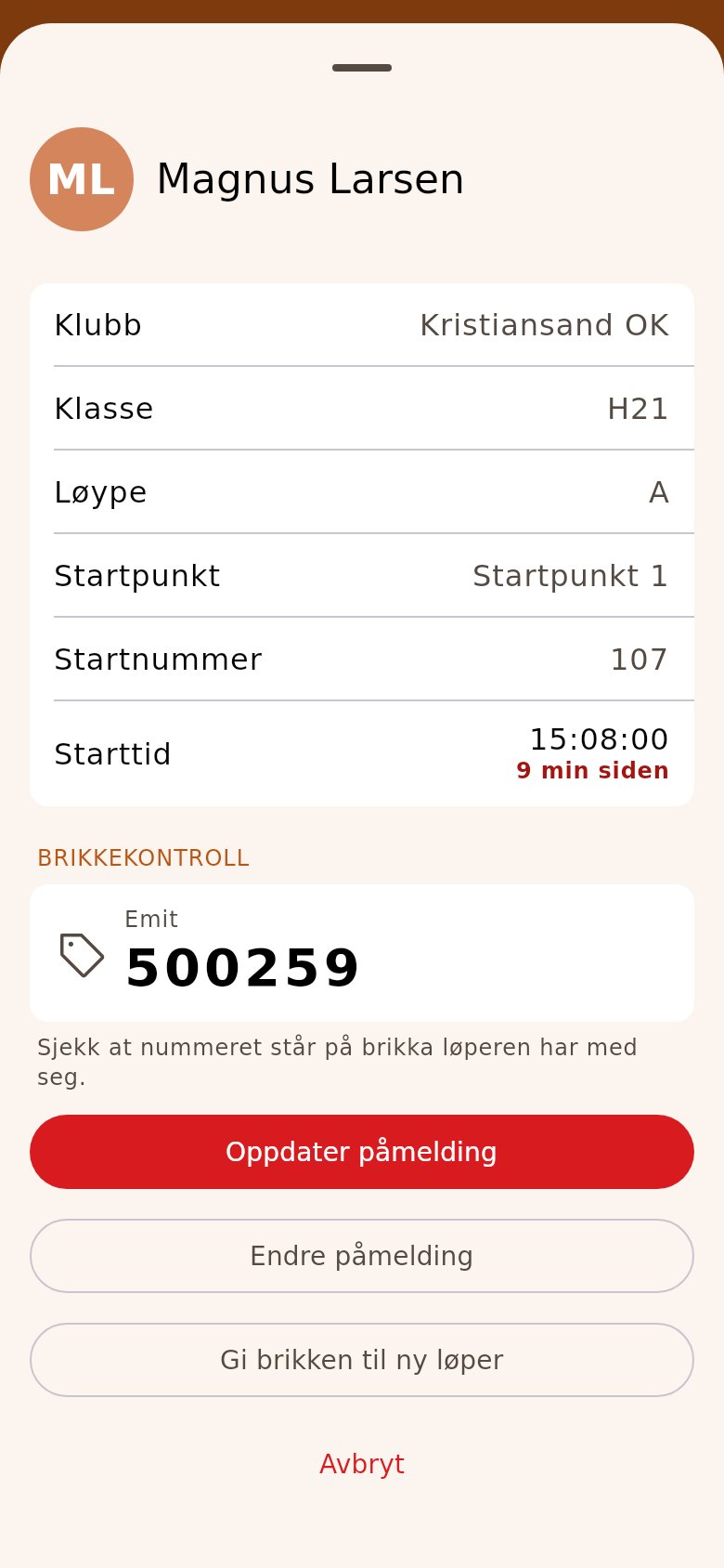 En påmeldt løper åpnet i påmeldingen