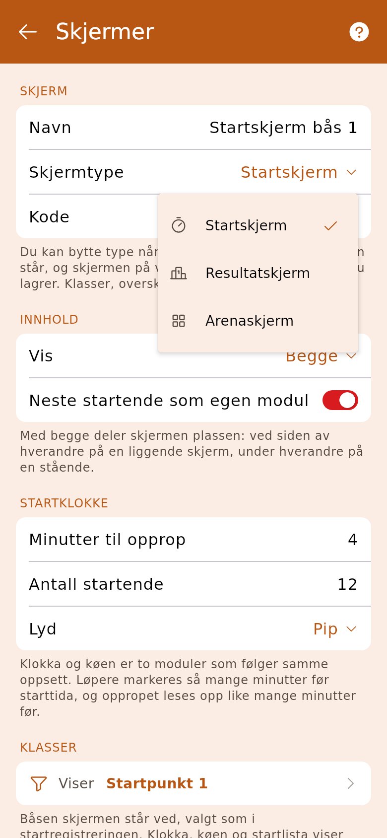 Skjermtypen byttes på en startskjerm