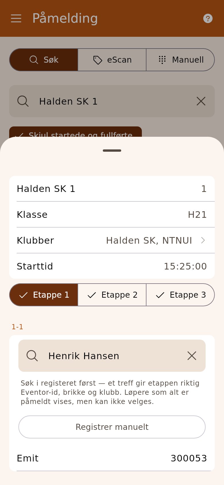 Et påmeldt lag: etappe 1 kobles til en Eventor-person