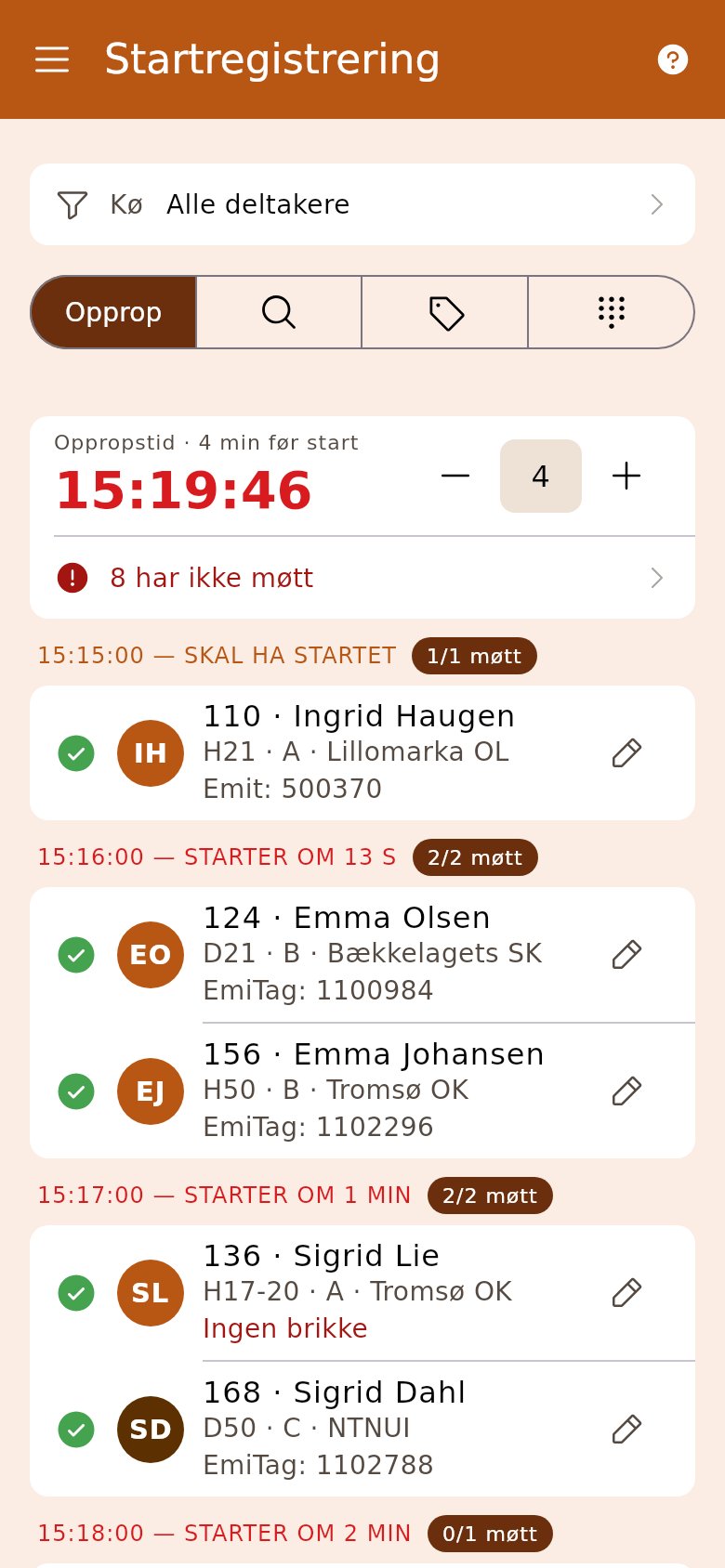 Oppropet på start