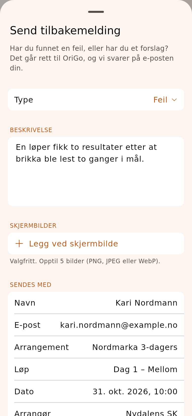 «Send tilbakemelding» med beskrivelsen skrevet og løpet fylt ut