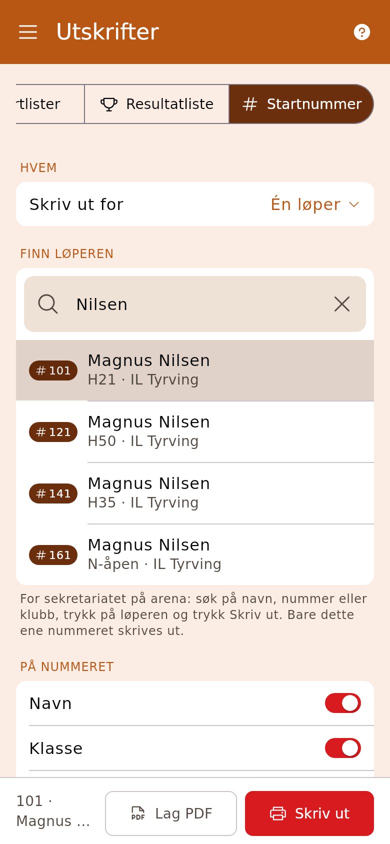 Startnummer for én løper