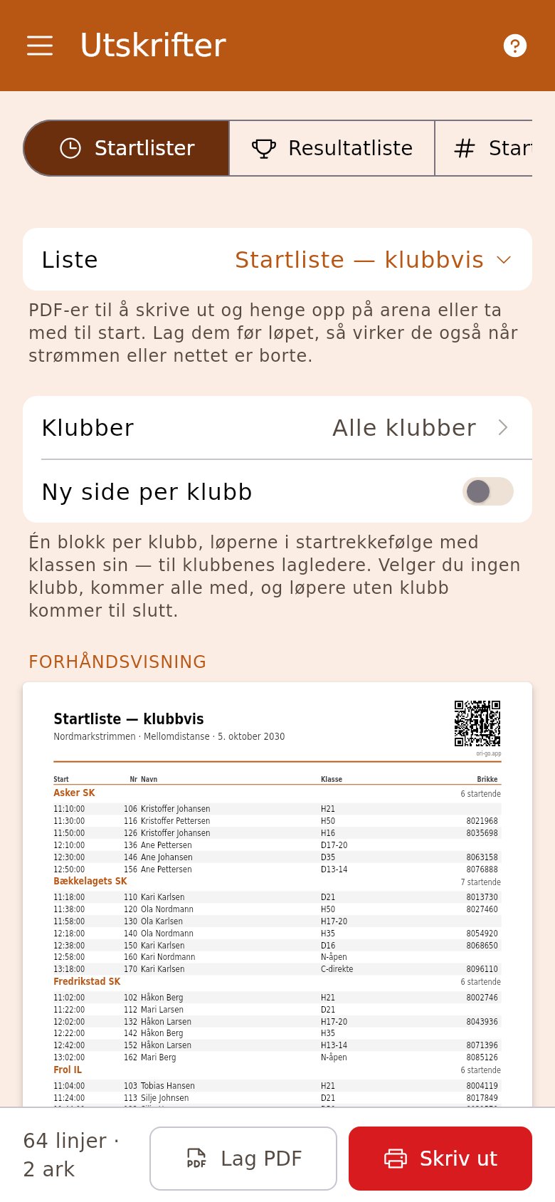 Startliste klubbvis