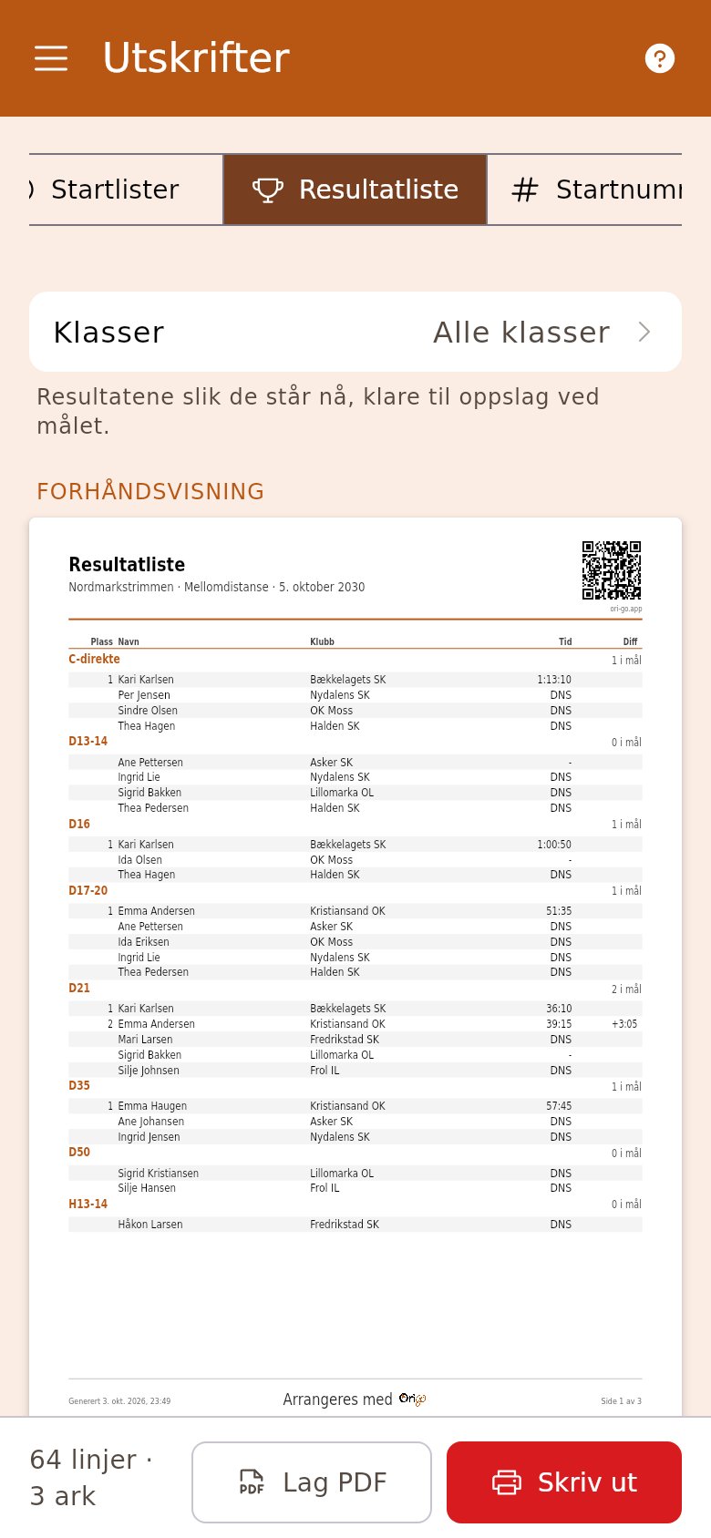 Forhåndsvisning av resultatlista