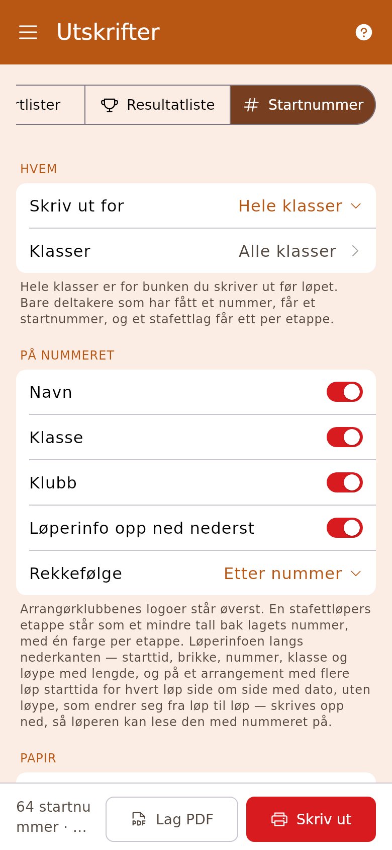 Utskrift av startnummer