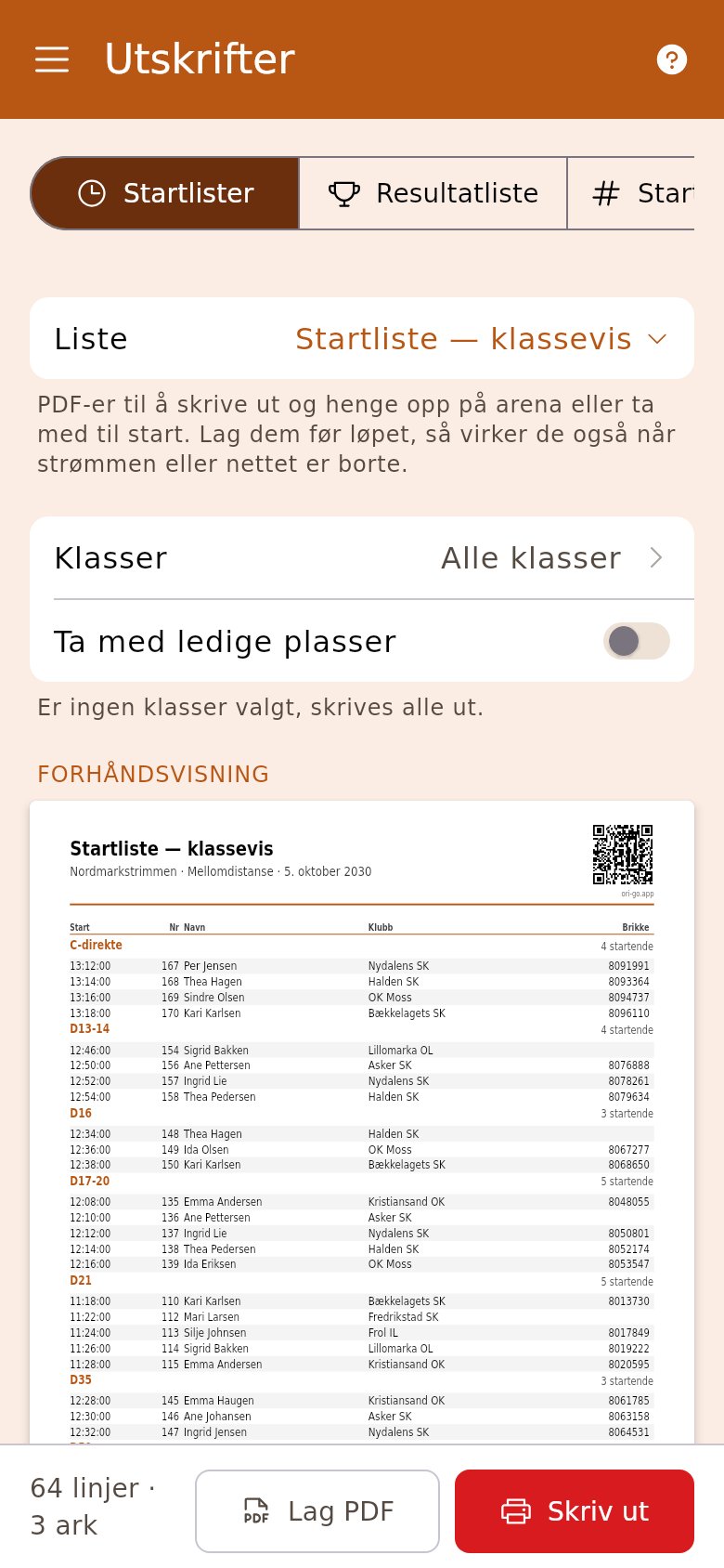 Utskrifter med startlistene