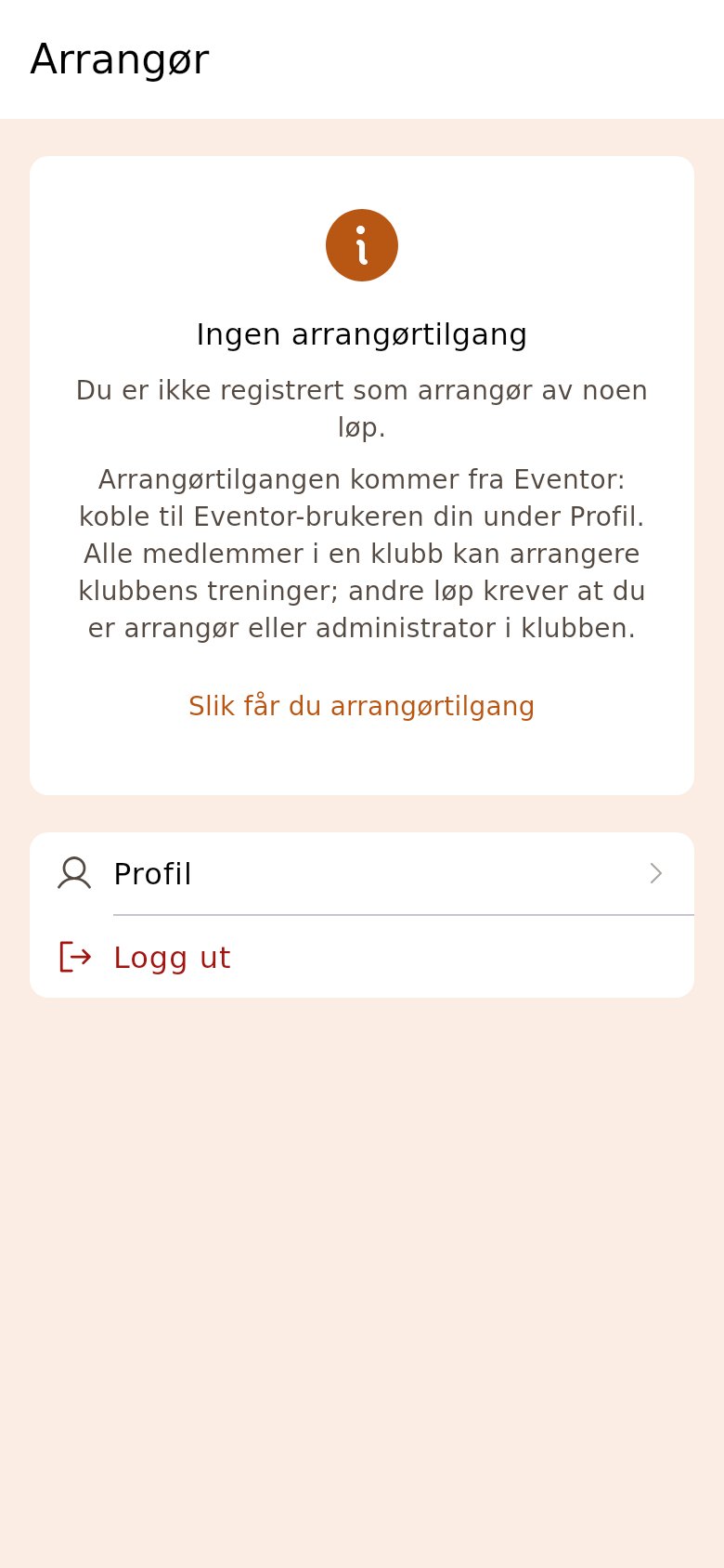 Forsiden med varselet «Ingen arrangørtilgang»