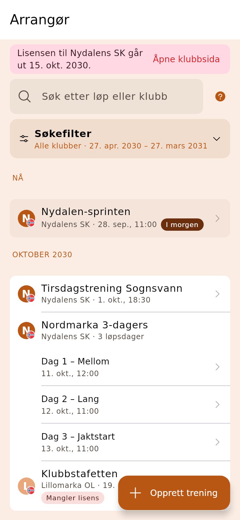 Forsiden med løpene klubben arrangerer