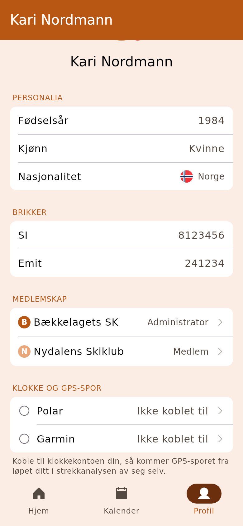 Personsida med Polar og Garmin under «Klokke og GPS-spor»