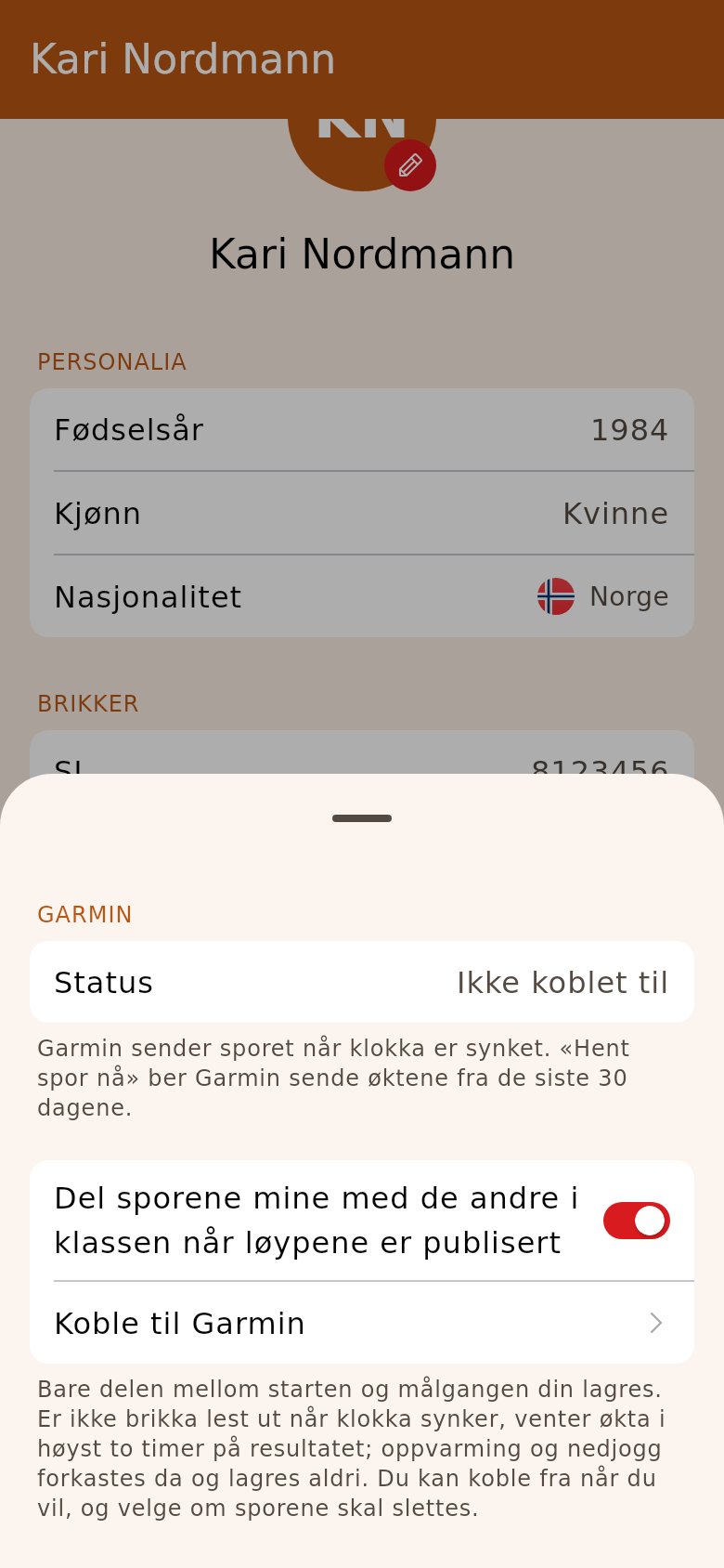 Samtykket slått på og «Koble til Garmin»