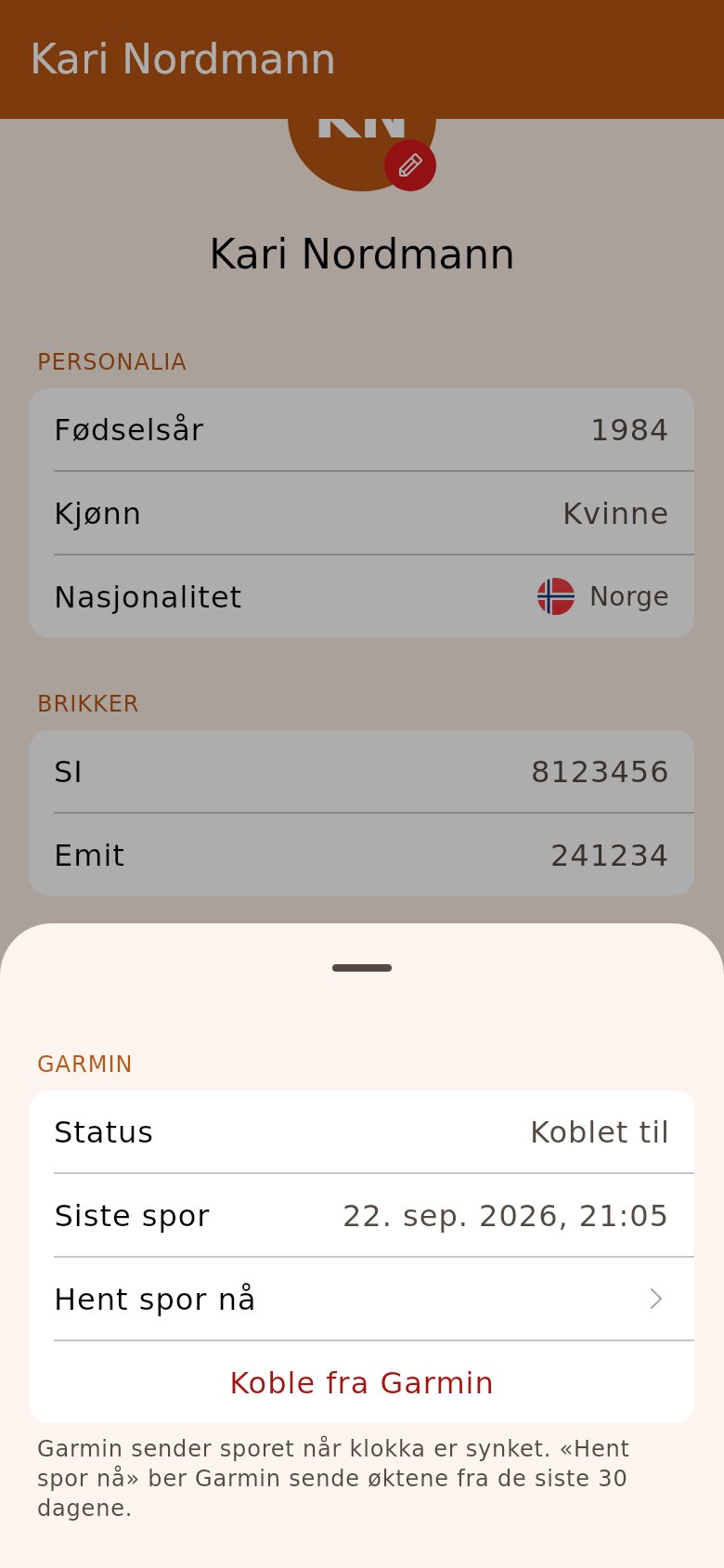 Garmin er koblet til, med siste spor og «Hent spor nå»