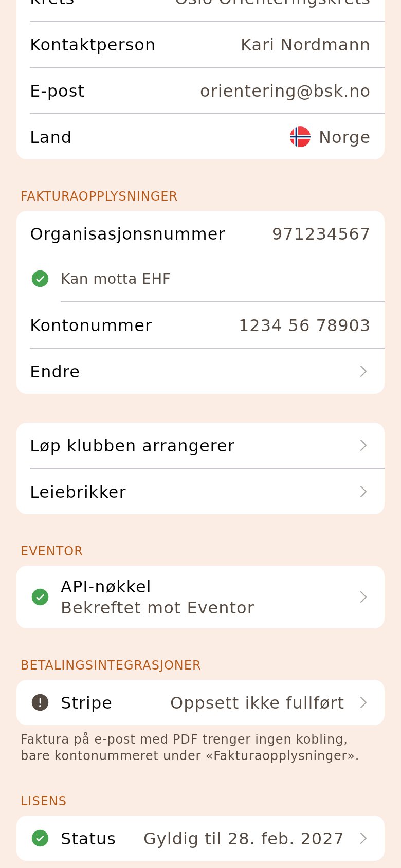 Klubbsiden med registrert nøkkel, fakturaopplysninger og aktiv lisens