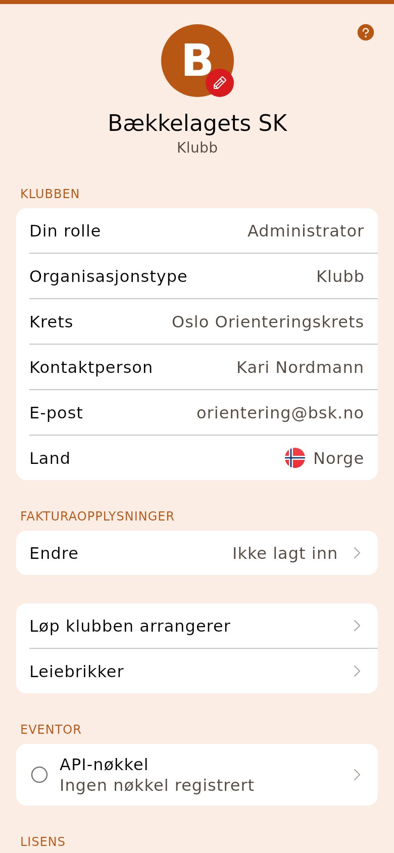 Klubbsiden for en administrator, uten nøkkel