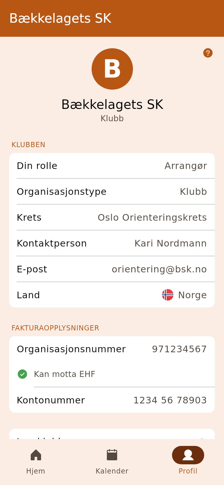 Klubbsiden med «Fakturaer»