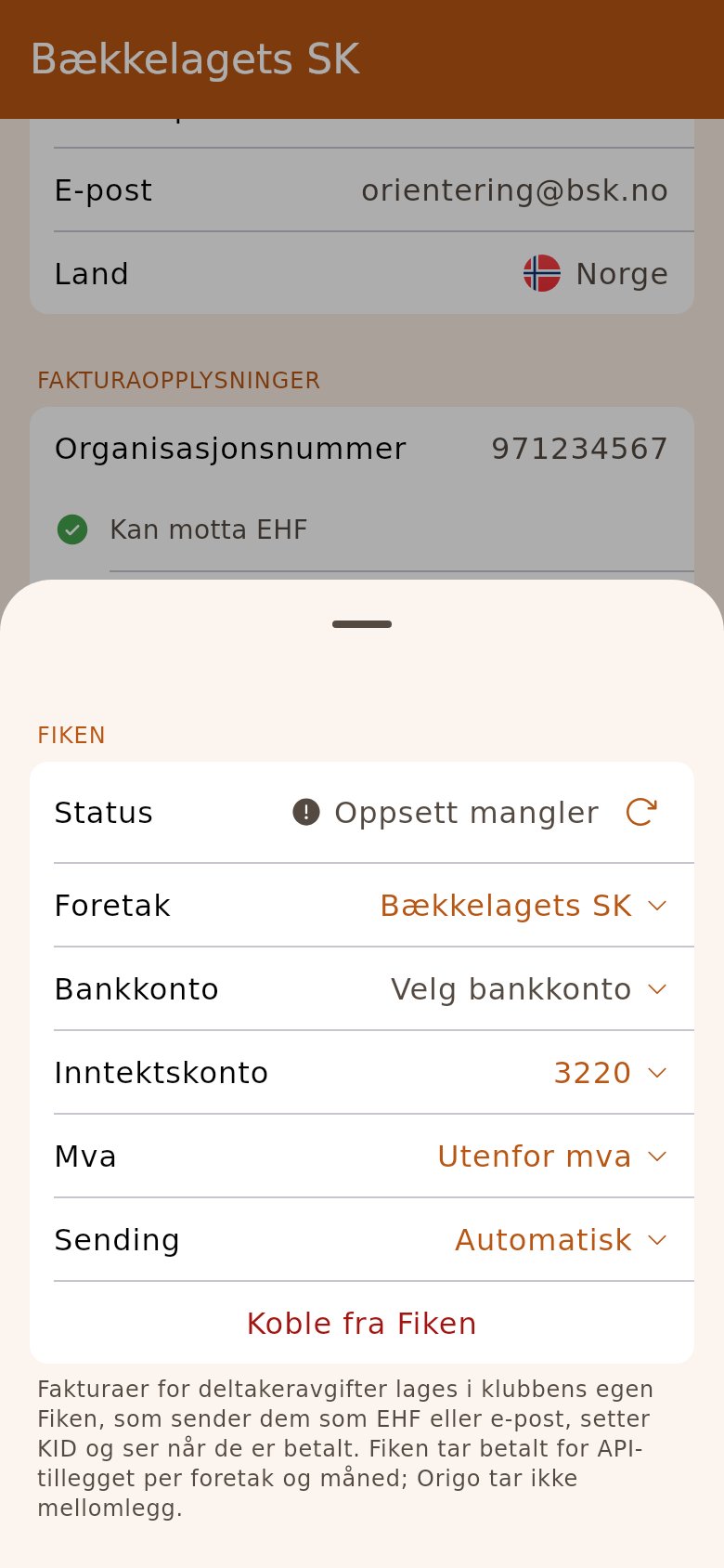 Fiken-popupen på klubbsiden, med foretaket valgt og bankkontoen igjen