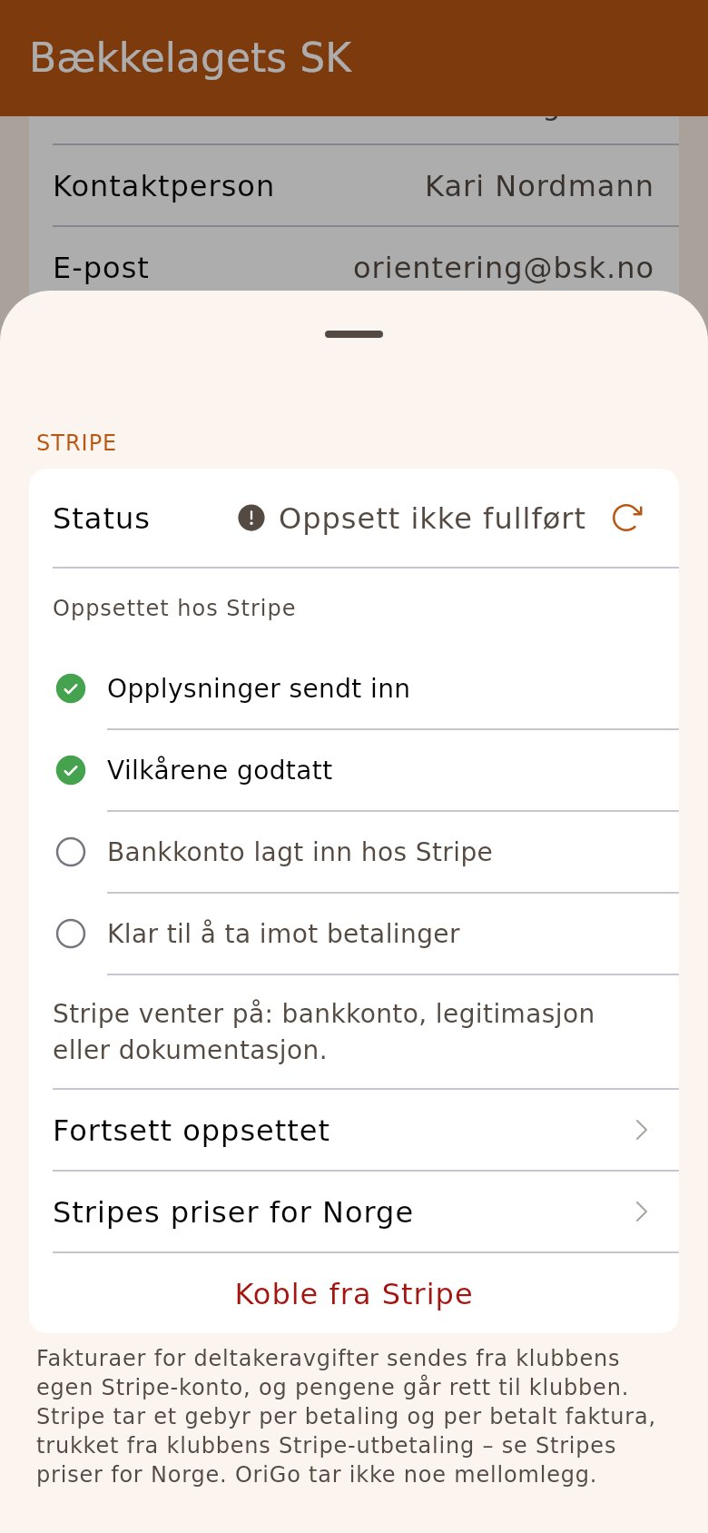 Stripe åpnet fra raden under «Betalingsintegrasjoner»