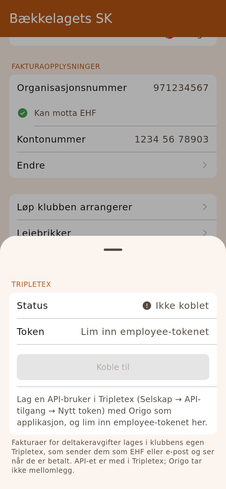 Tripletex-popupen på klubbsiden, før tokenet er limt inn