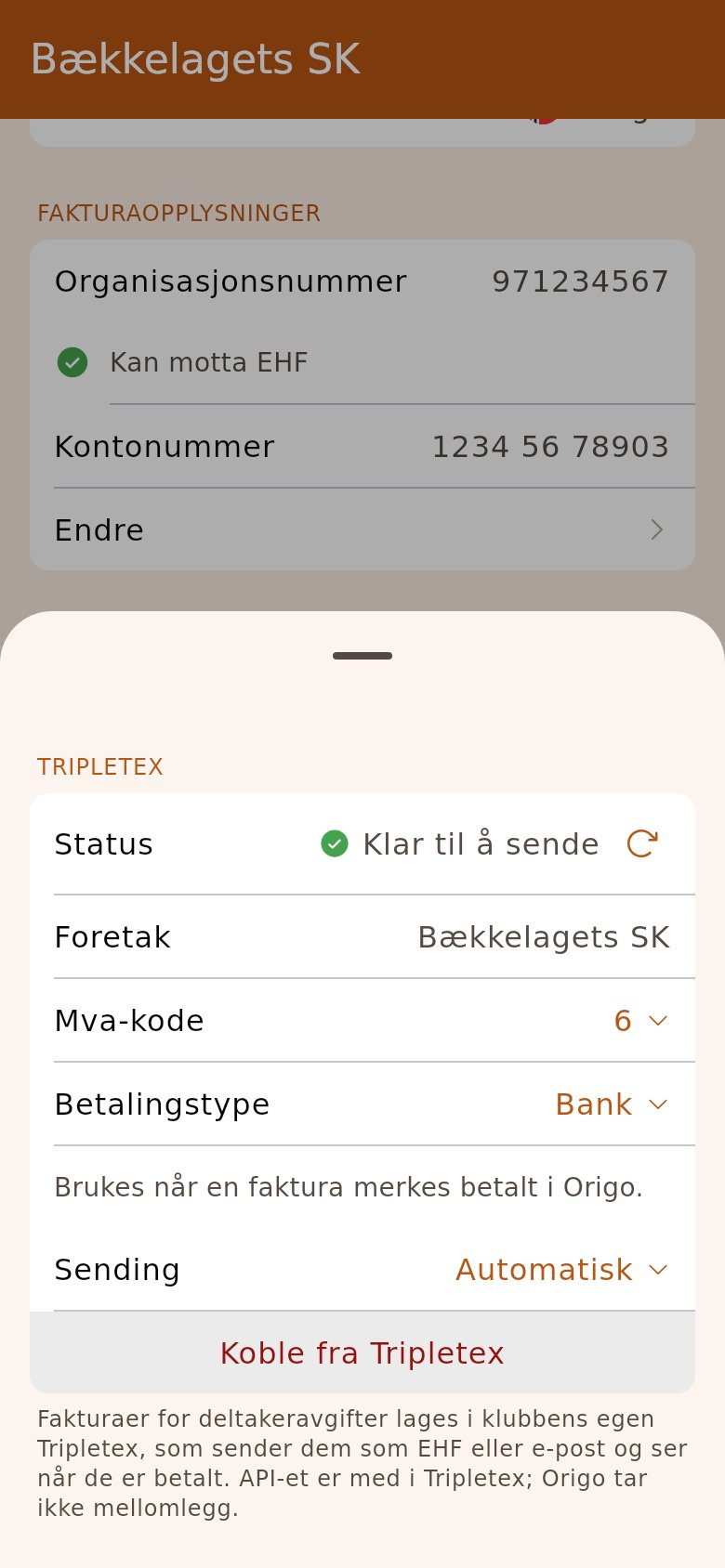 Tripletex-popupen på klubbsiden, koblet og klar til å sende
