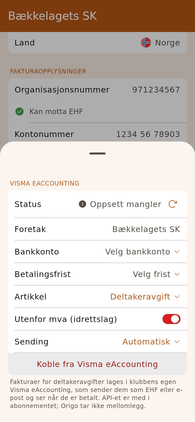 Visma-popupen på klubbsiden, med foretaket og artikkelen på plass og bankkonto og betalingsfrist igjen
