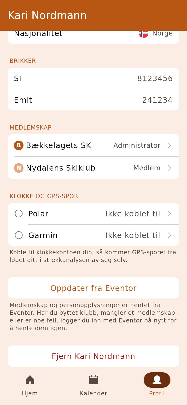 «Oppdater fra Eventor» nederst på personsida