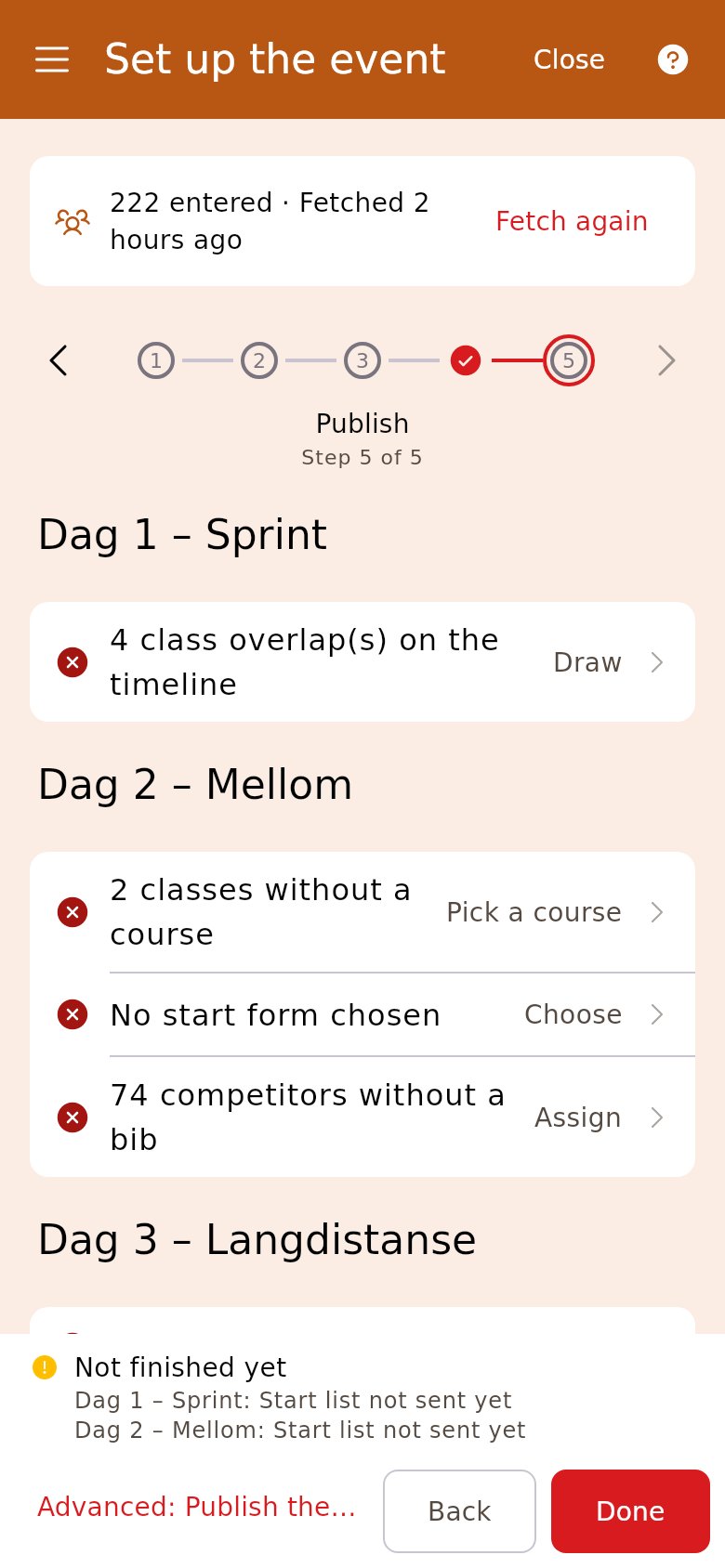 Publish on a multi-day race