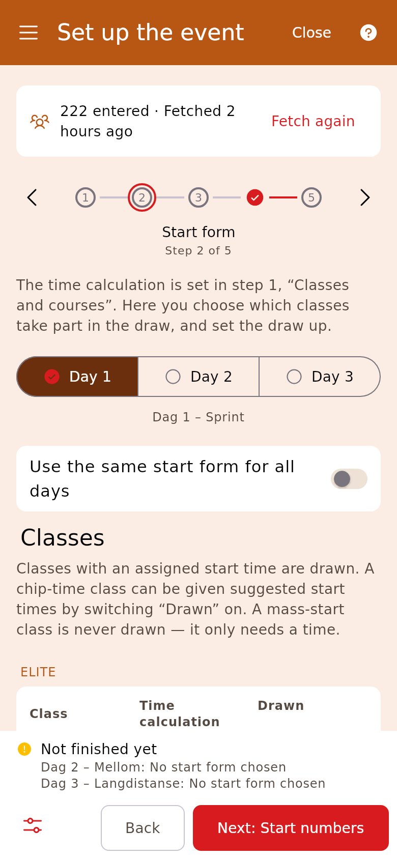 Start form on a multi-day race