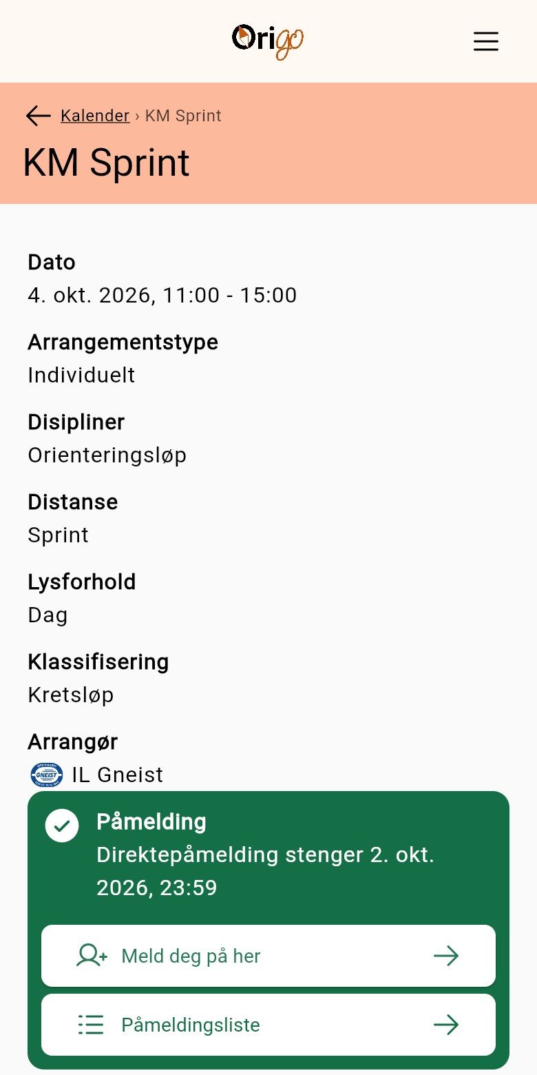 Løpssida med påmeldingskortet
