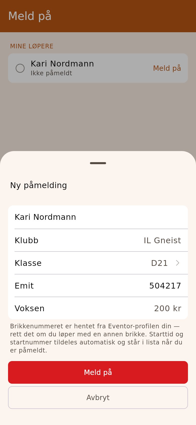 Ny påmelding med klubb, klasse og brikke