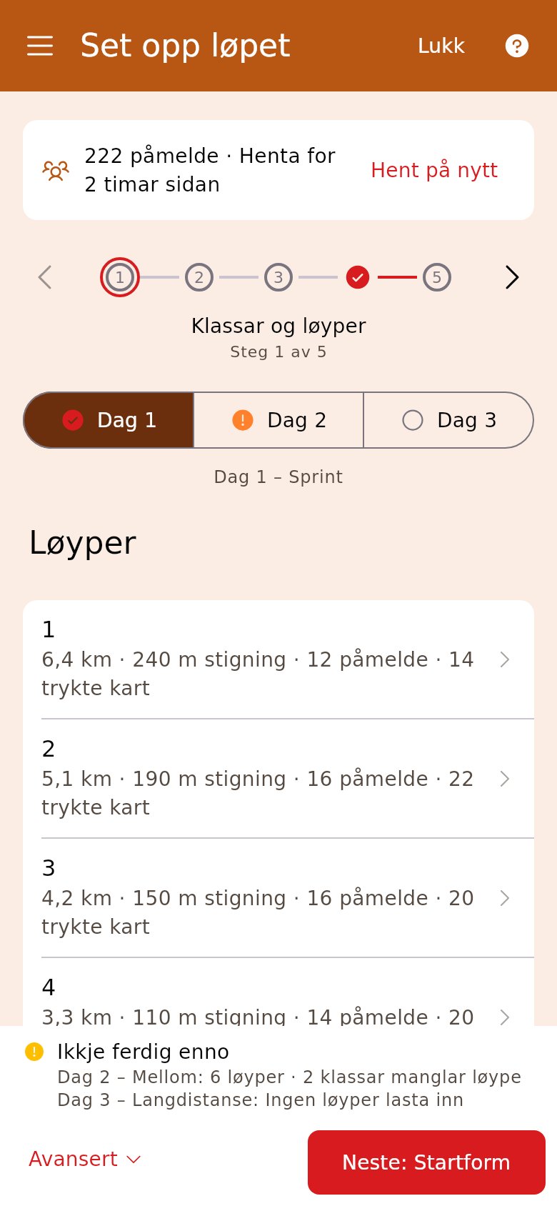 Klassar og løyper på dag 1