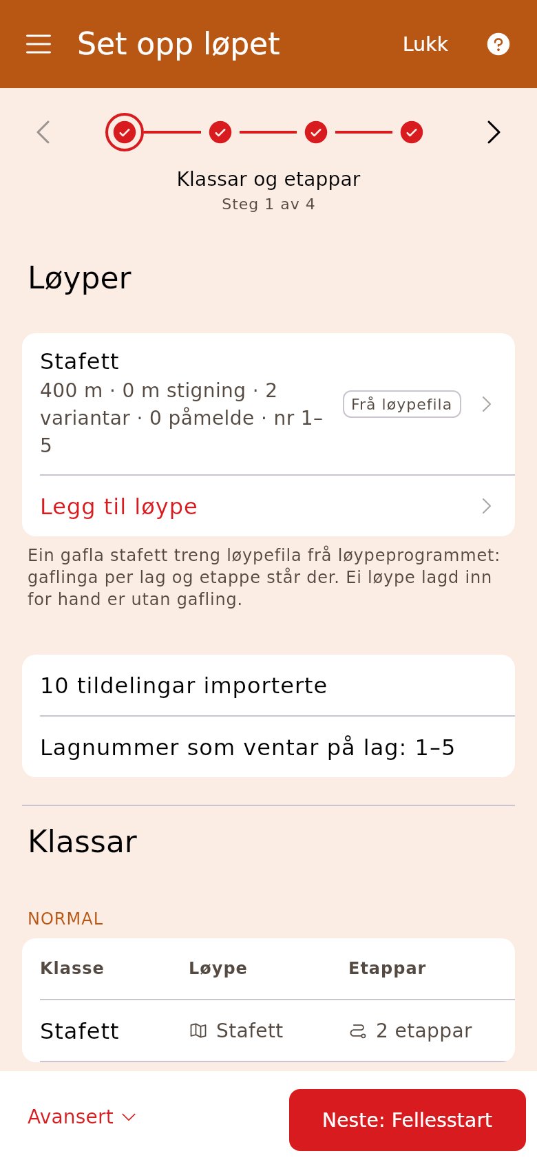 Klassar og etappar på ein stafett