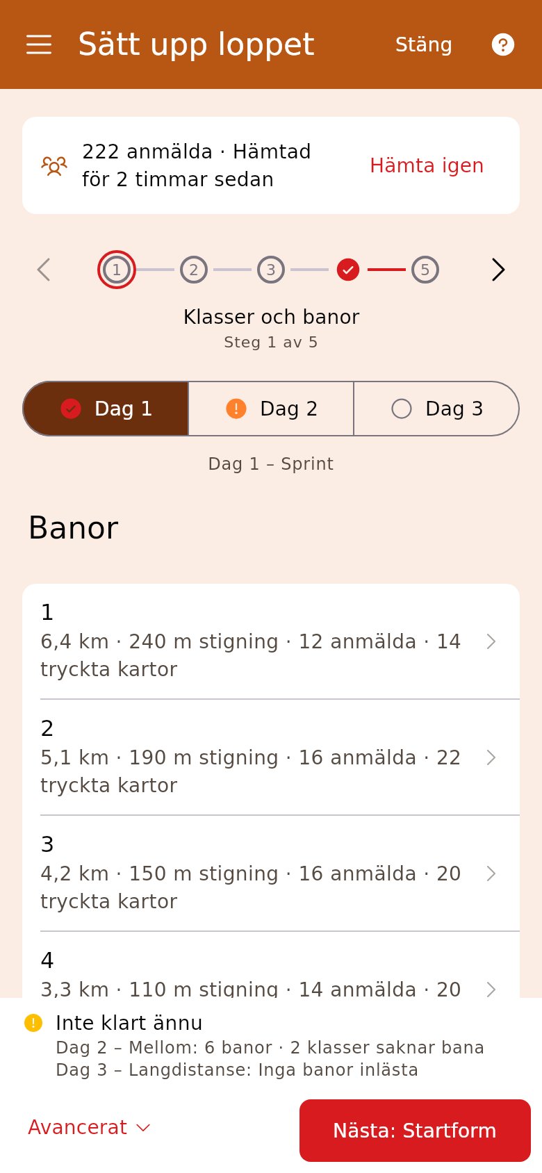 Klasser och banor på dag 1