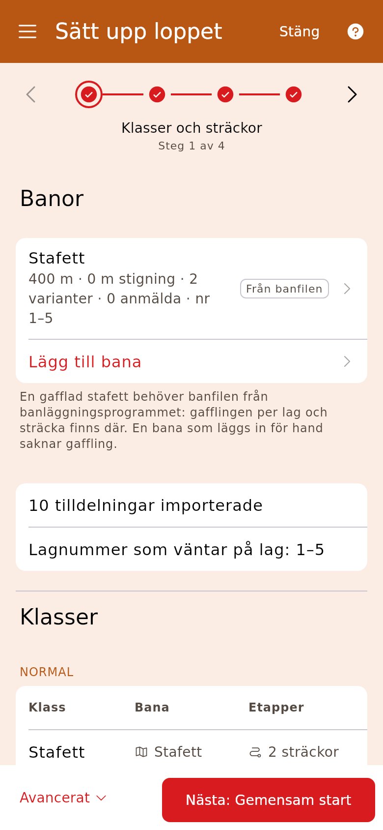 Klasser och sträckor på en stafett