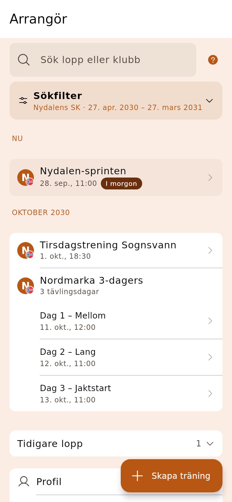 Startsidan med ett flerdagarslopp